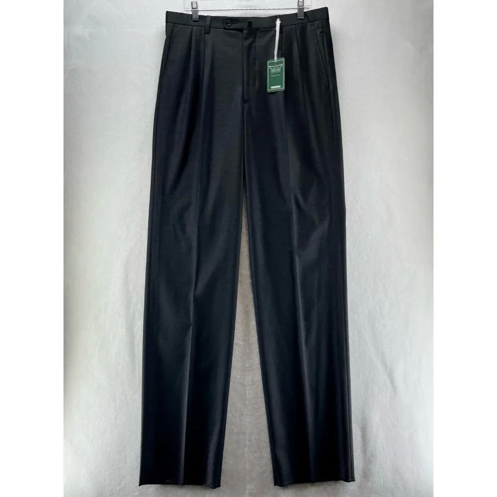 ANTAS Dress Pants Mens Sz 35x39 Newport Pleated Straight Trouser Wool Black